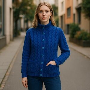 Aran Market Cardigan Sweater Womens XS Blue Cable Knit Wool Made In Ireland